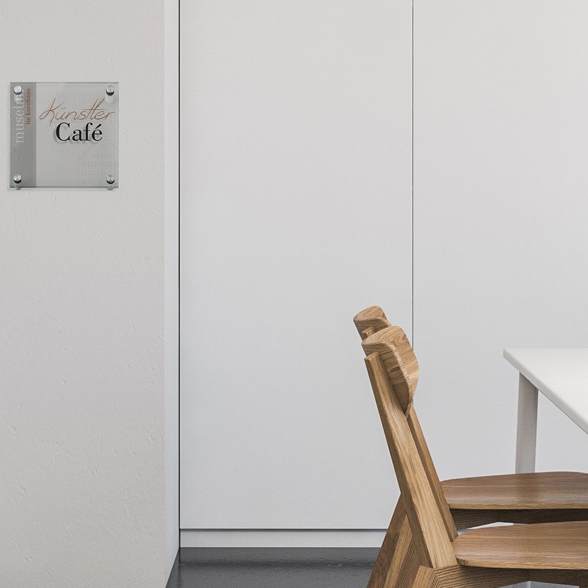 Türschild, Modell Galerie, ESG, 200 x 200 mm, 4 Abstandhalter (15 mm Wandabstand, mit Bolzen)