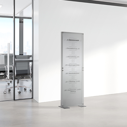 Innenaufsteller (Infostele) aus Glas in einem Büro Innenaufsteller (Infostele) aus Glas in einem Büro