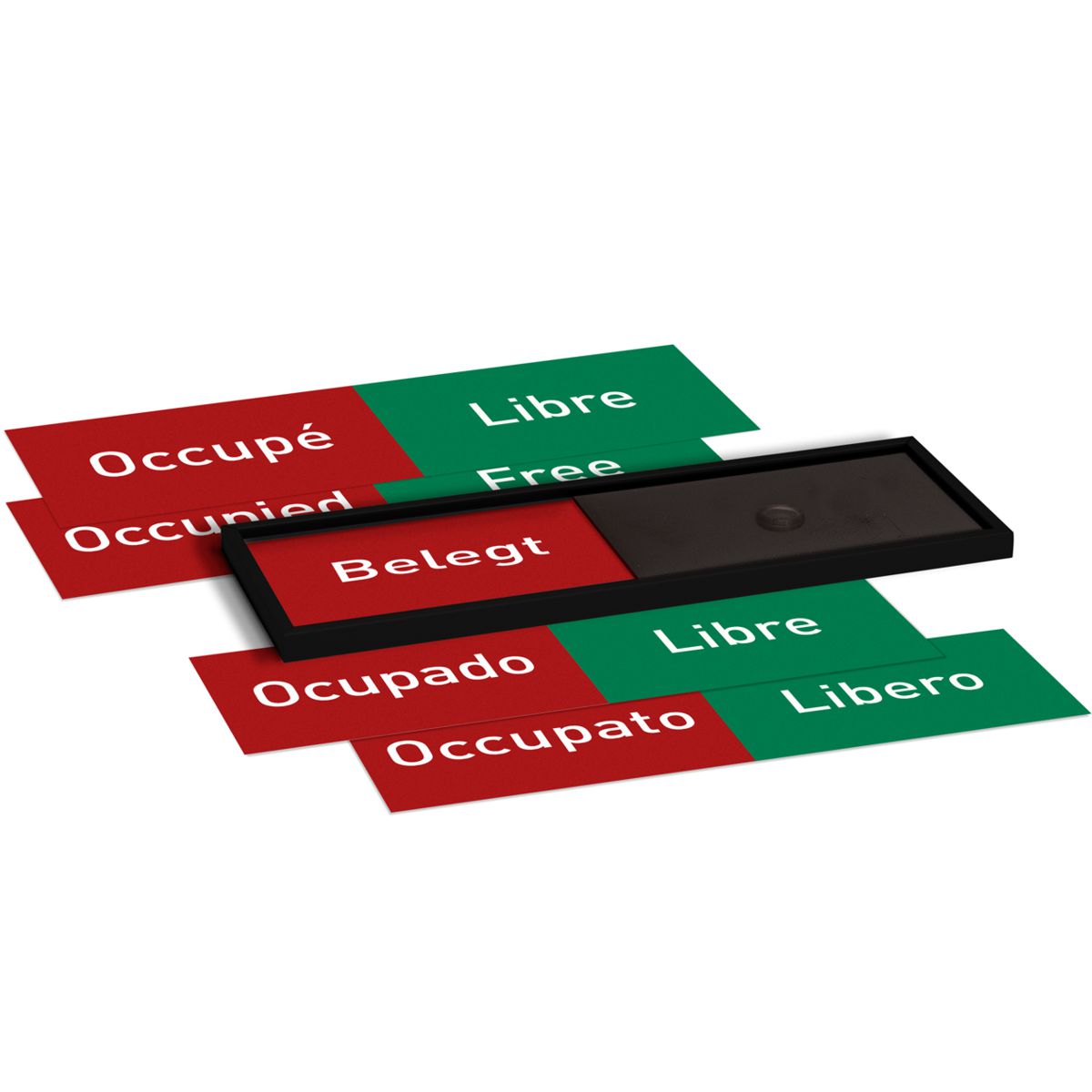 Frei Besetzt Schild, Modell Madrid, 50 x 150 mm (H x B), Schwarz, Sprachen: deutsch, englisch, französisch, spanisch und italienisch