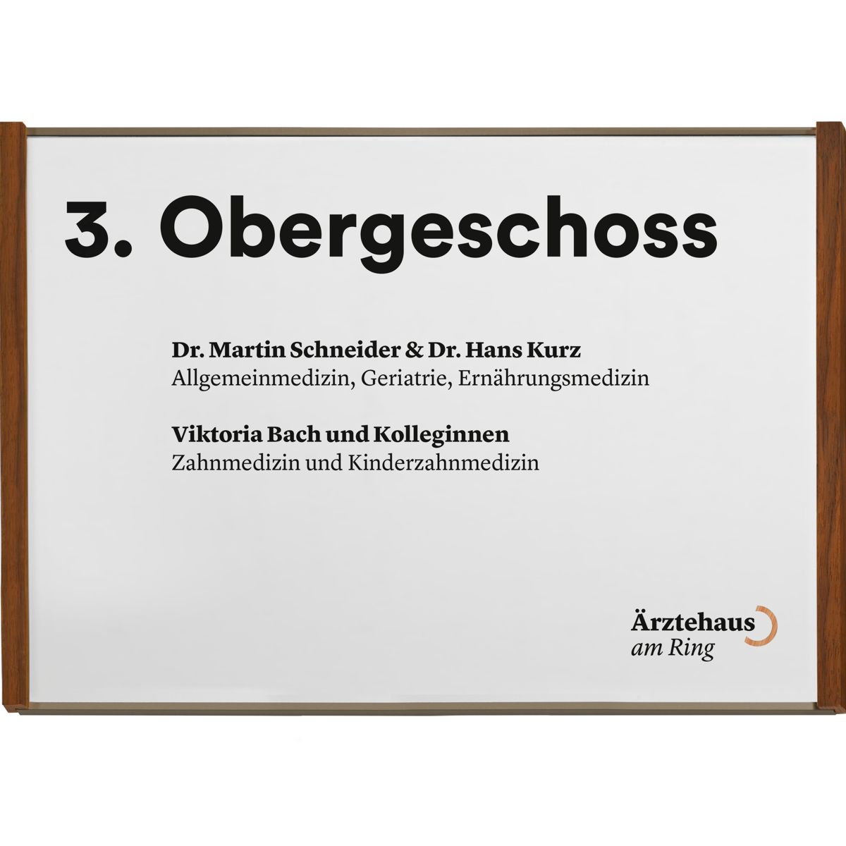 Wandschild, Modell LMH, ~ DIN A4, Querformat, Holzrahmen Nussbaum kombiniert mit bronzefarbenem Aluminium