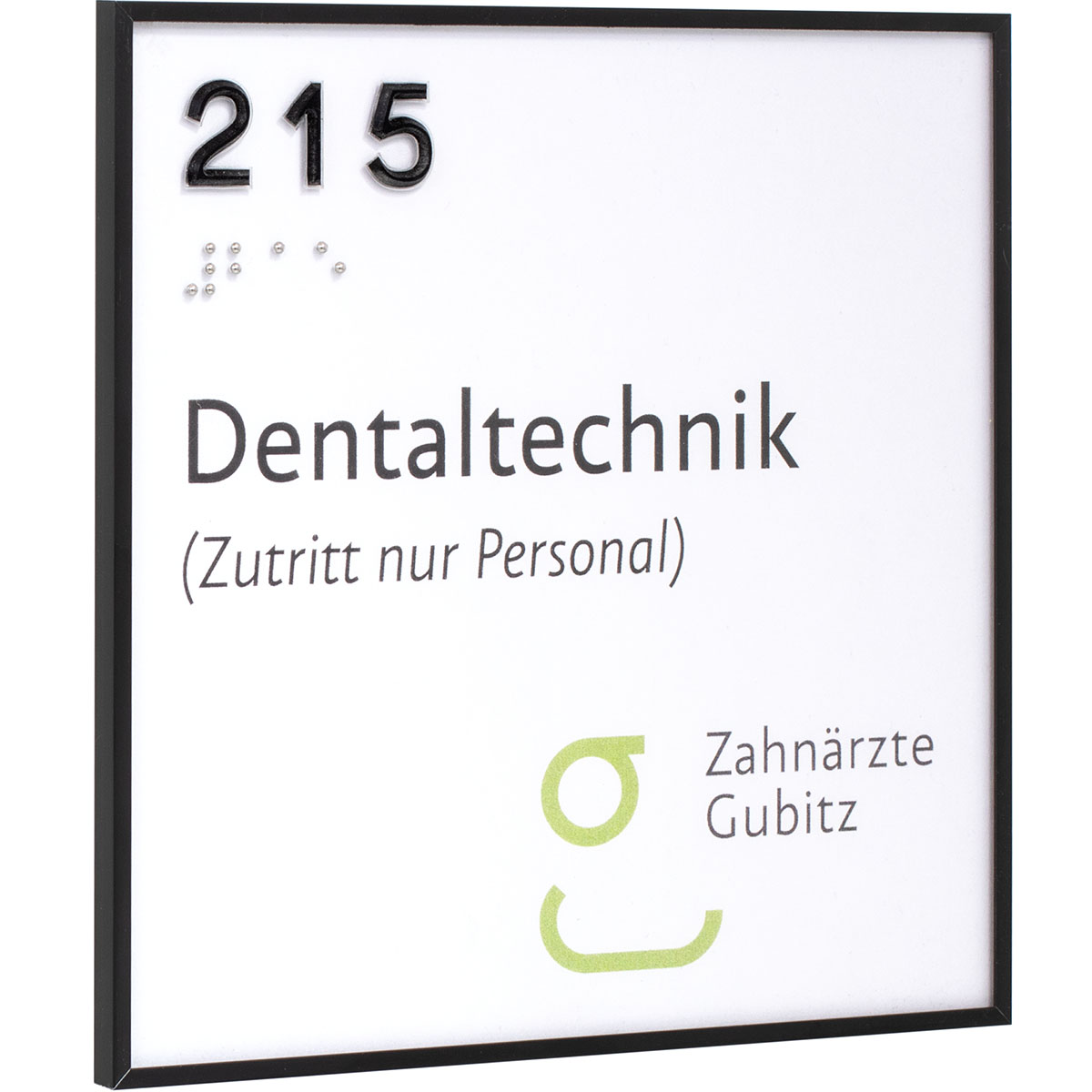 Taktiles Türschild, Modell Madrid, 150 x 150 mm, Schwarz, Klebemontage, Braille mit hochwertiger Kugeltechnik