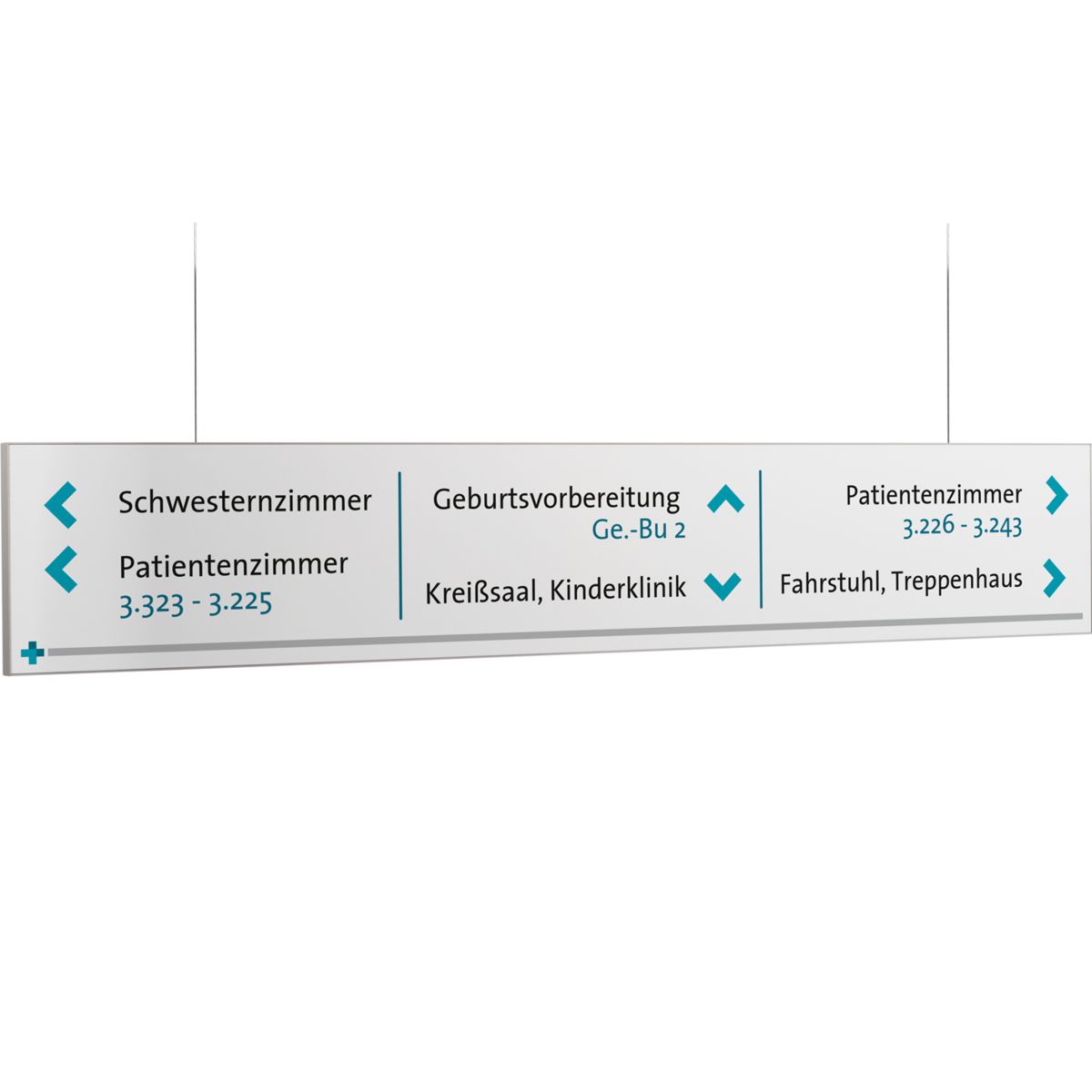 Deckenhänger (Hängeschild), Modell Madrid, 150 x 850 mm (H x B), Silber, Beschriftung direkt