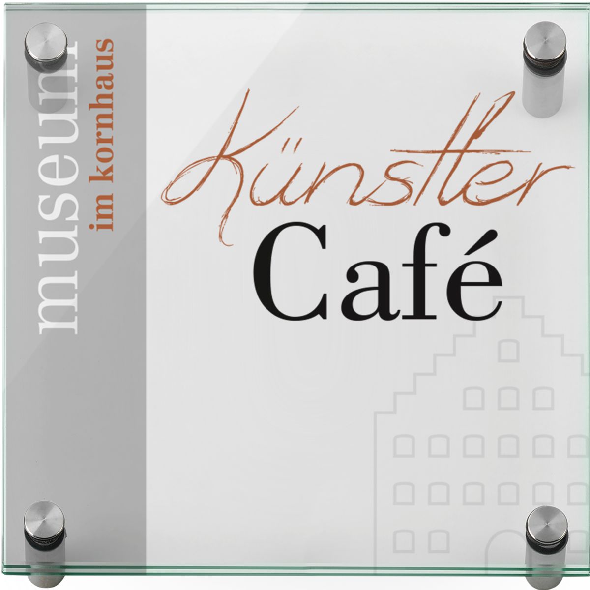 Türschild, Modell Galerie, ESG, 200 x 200 mm, 4 Abstandhalter (25 mm Wandabstand, mit Bolzen)