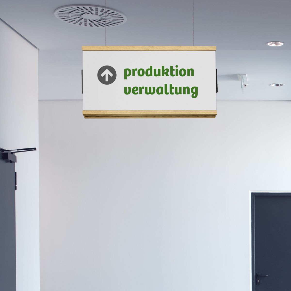 Deckenhänger (Hängeschild), Modell LMH, 160 x 297 mm (H x B), Rahmen oben und unten aus Ahorn, für Einleger