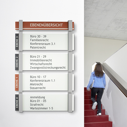 Wandschild (Wegweiser-Schild) aus Glas zur Orientierung im Innenbereich Wandschild (Wegweiser-Schild) aus Glas zur Orientierung im Innenbereich