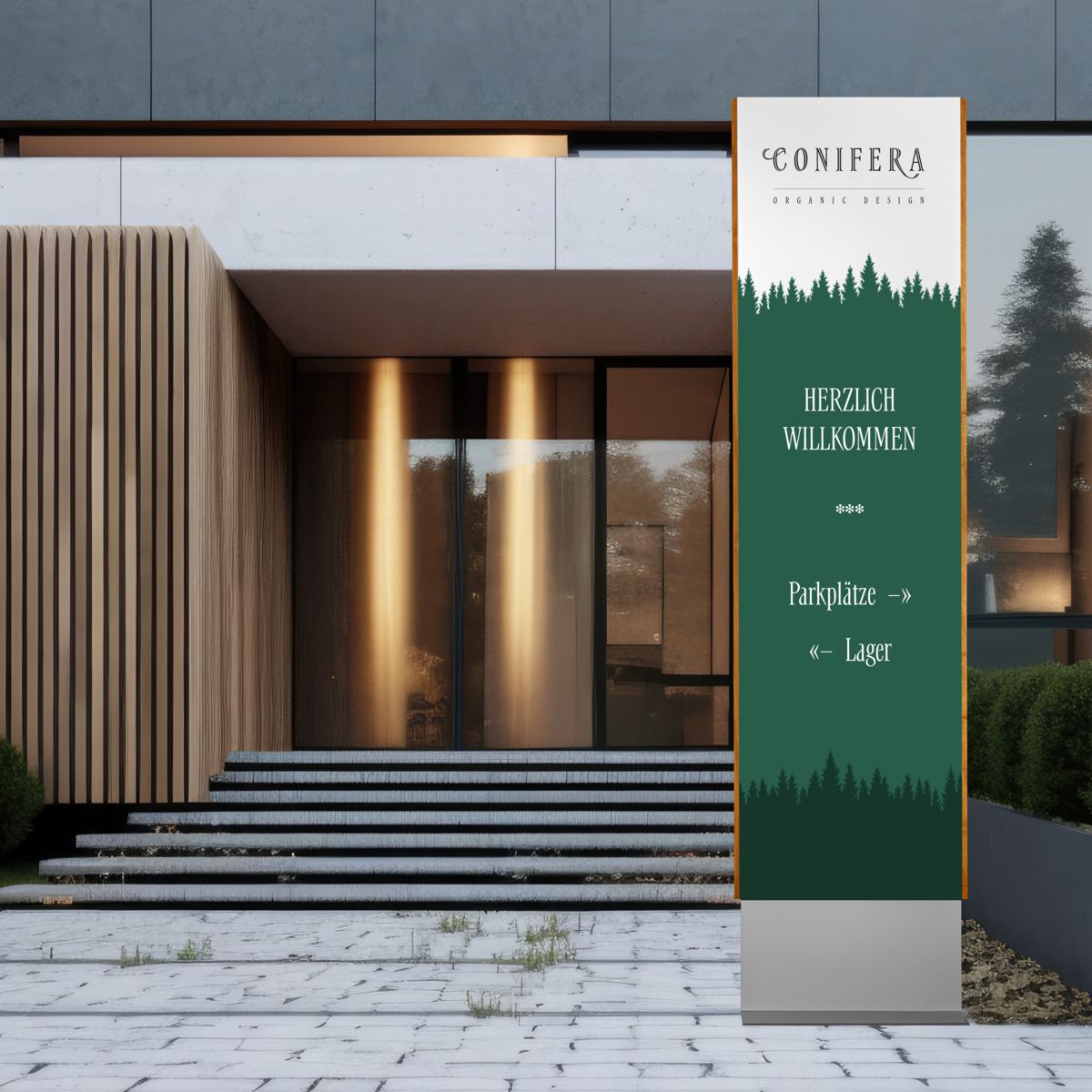 Außenaufsteller, Modell LMH, 3.000 x 730 x 80 mm (H x B x T), Silber, Eiche, inkl. Flanschplatten