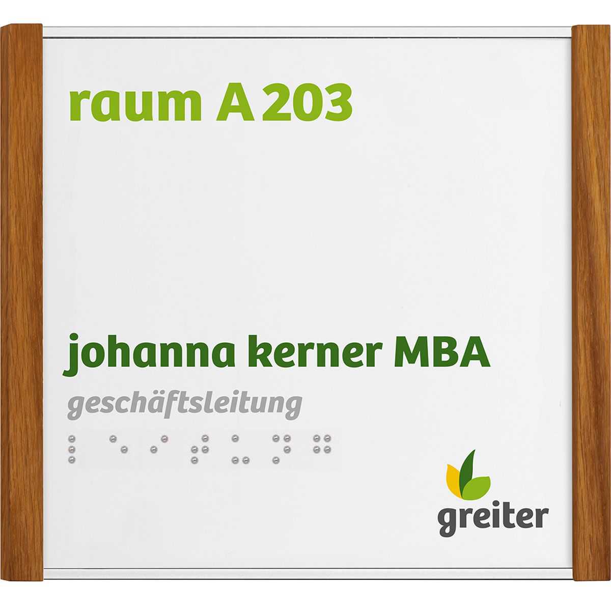 Taktiles Türschild, Modell LMH in Silber, 150 x 160 mm (H x B), Holzrahmen Eiche, Klebemontage, Braille mit hochwertiger Kugeltechnik