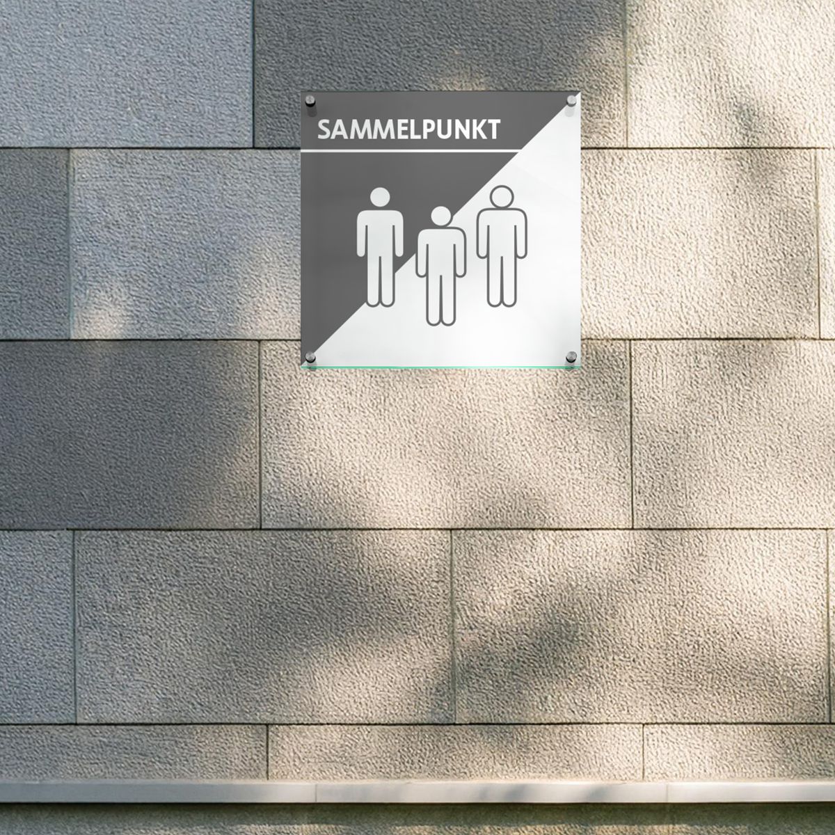 Wandschild, Modell Galerie, 1 Scheibe ESG, 600 x 600 mm, 4 Abstandhalter (25 mm Wandabstand, mit Bolzen)