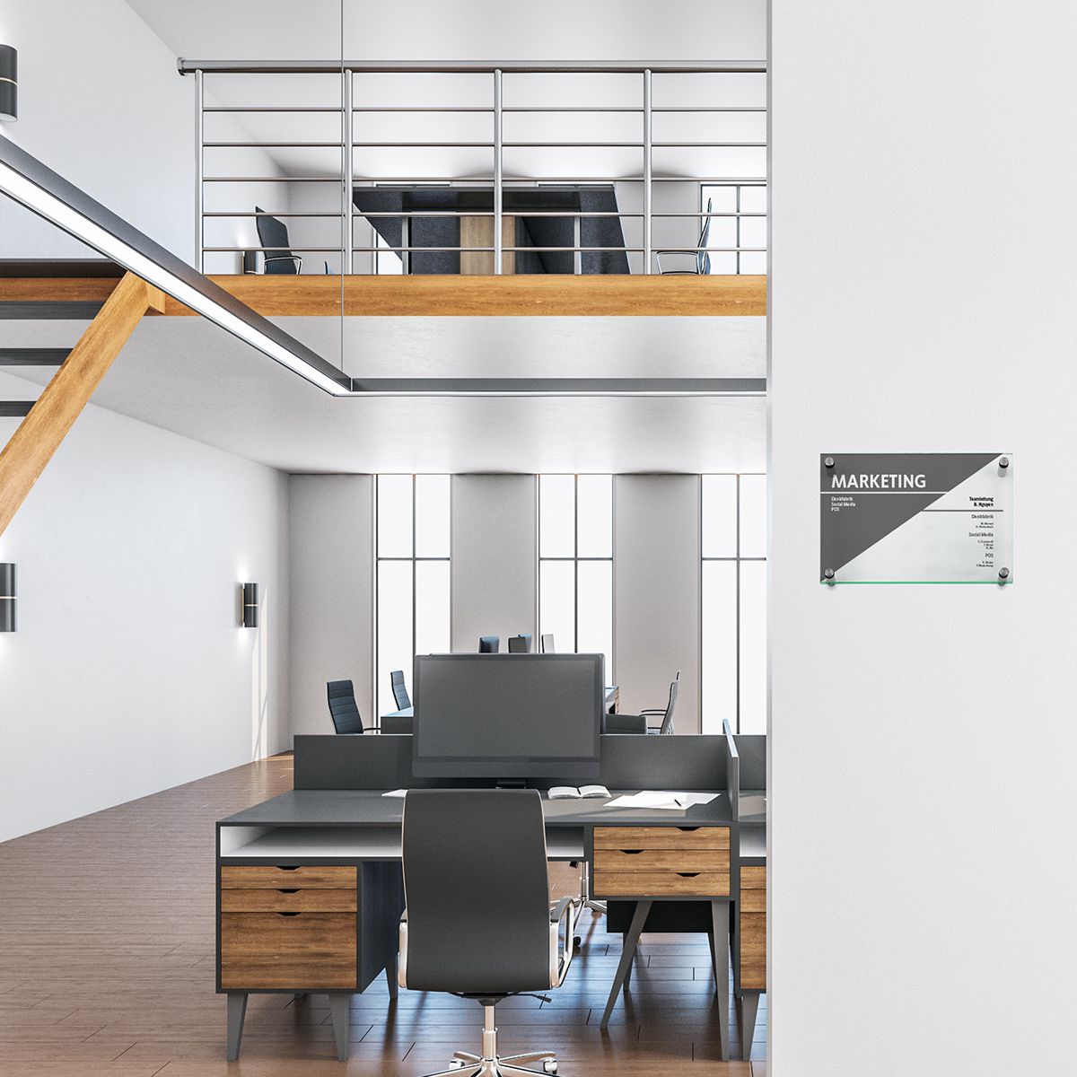 Wandschild, Modell Galerie, 2 Scheiben ESG, DIN A4 (210 x 297 mm), 4 Abstandhalter (25 mm Wandabstand, mit Bolzen)