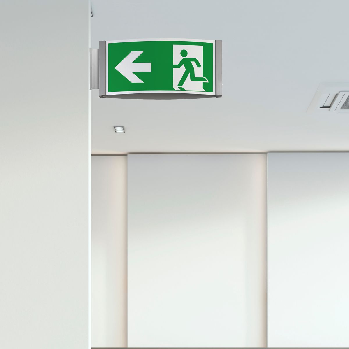 Fahnenschild (Nasenschild), Modell Orlando, 148 x 325 mm (H x B), optimiert für Rettungszeichen, Beschriftung direkt Fahnenschild (Nasenschild), Modell Orlando, 148 x 325 mm (H x B), optimiert für Rettungszeichen, Beschriftung direkt