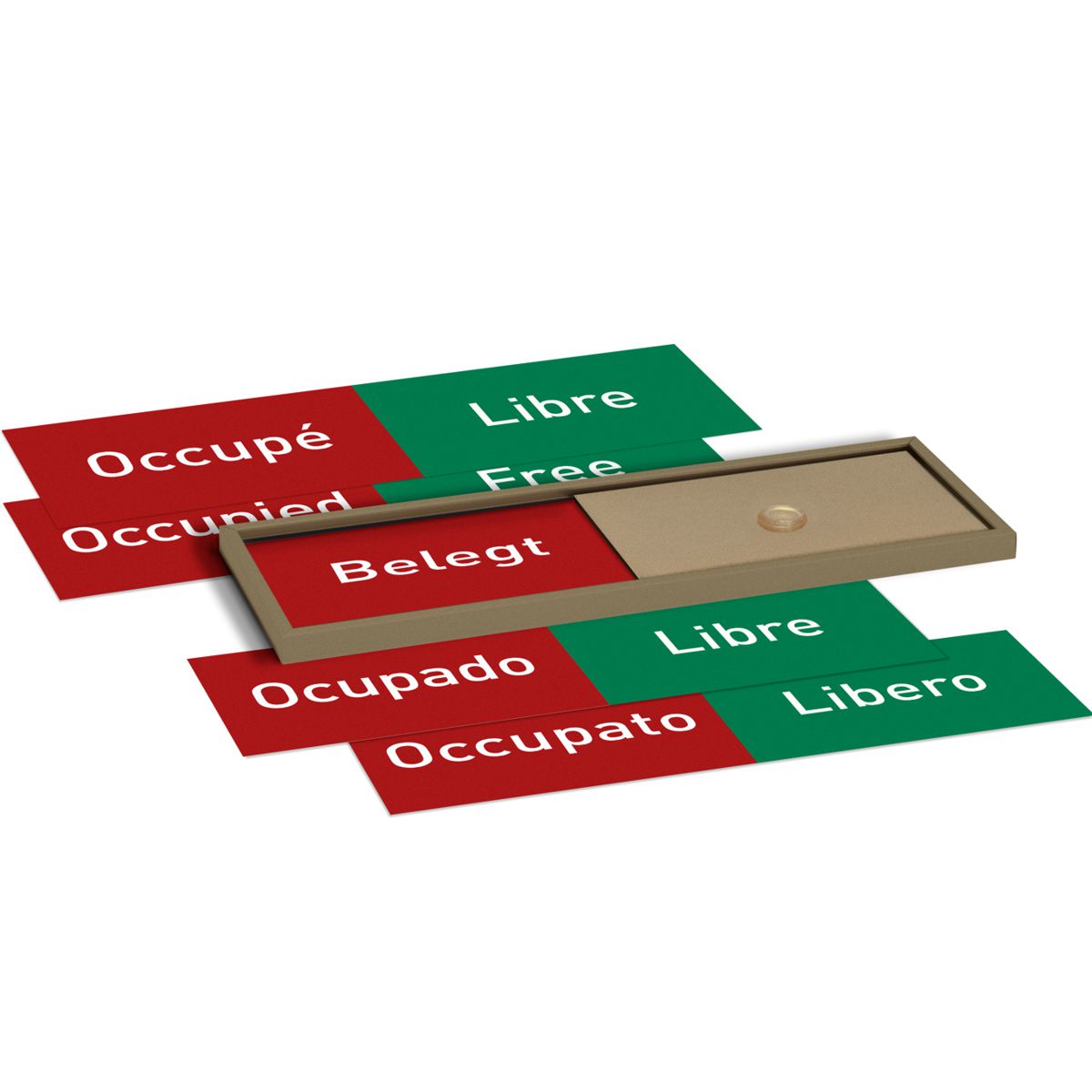 Frei Besetzt Schild, Modell Madrid, 50 x 150 mm (H x B), Bronze, Sprachen: deutsch, englisch, französisch, spanisch und italienisch