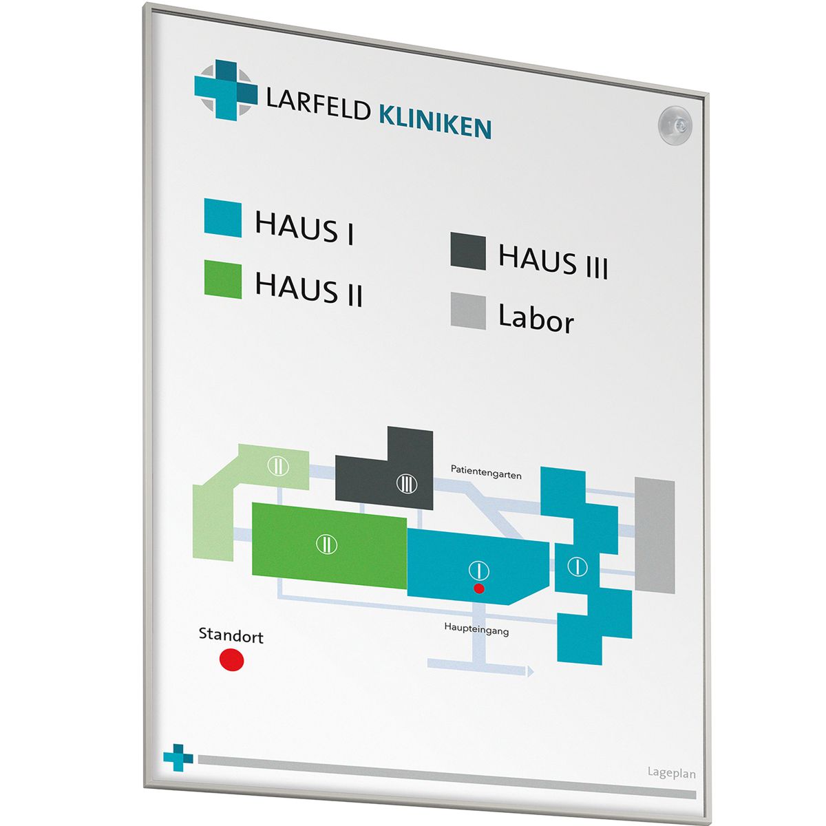 Wandschild, Modell Madrid, DIN A3, Hochformat oder Querformat, Silber, Beschriftung mit Einleger, inkl. Sauger