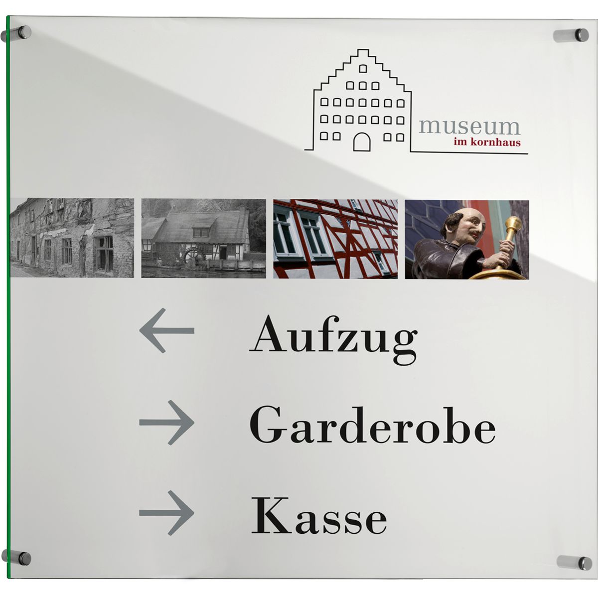 Wandschild, Modell Galerie, 1 Scheibe ESG, 600 x 600 mm, 4 Abstandhalter (25 mm Wandabstand, mit Bolzen)