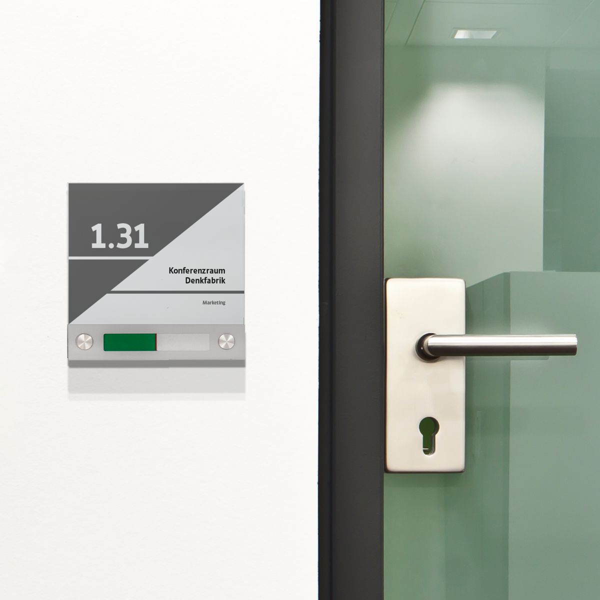 Türschild, Modell Galerie, ESG, 150 x 150 mm, 2 Abstandhalter (25 mm Wandabstand, mit Bolzen), inkl. Frei Besetzt Anzeige