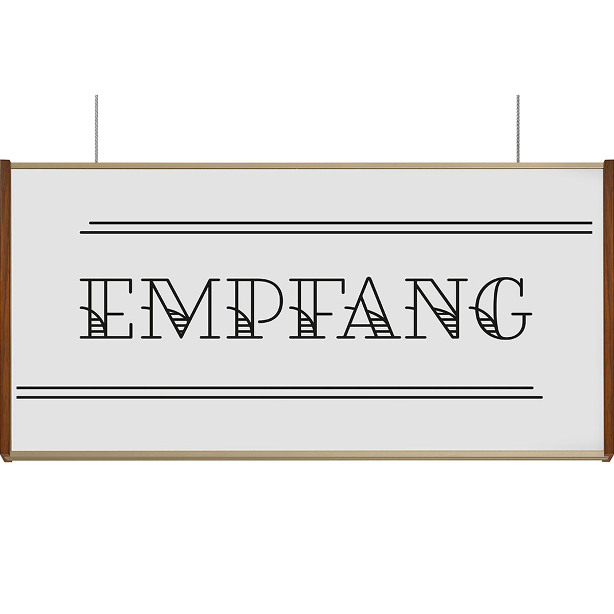 Deckenhänger (Hängeschild), Modell LMH, 150 x 309 mm (H x B), Rahmen Bronze mit Nussbaum, für Einleger