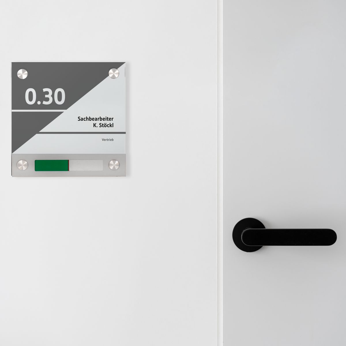 Türschild, Modell Galerie, ESG, 150 x 150 mm, 4 Abstandhalter (25 mm Wandabstand, gesichert mittels Madenschraube), inkl. Frei Besetzt Anzeige