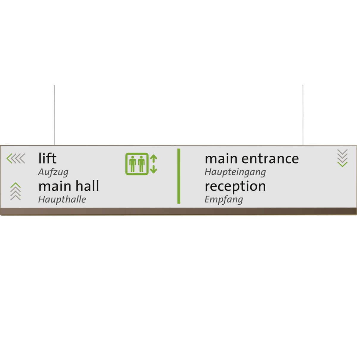 Deckenhänger (Hängeschild), Modell Madrid, 250 x 1.250 mm (H x B), Bronze, Beschriftung direkt