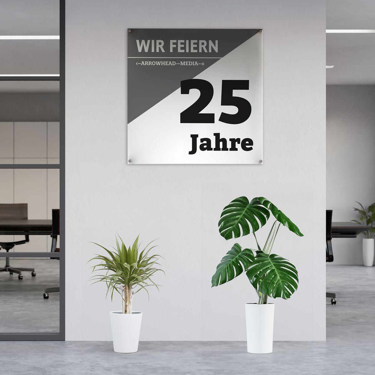 Wandschild, Modell Galerie, 1 Scheibe ESG, 1.000 x 1.000 mm, 4 Abstandhalter (25 mm Wandabstand, gesichert mittels Madenschraube)
