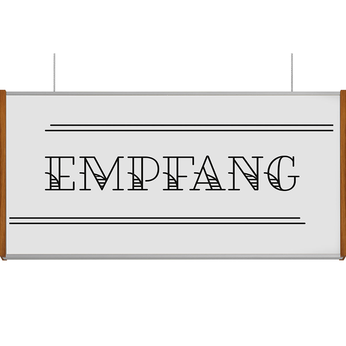 Deckenhänger (Hängeschild), Modell LMH, 150 x 309 mm (H x B), Rahmen Silber mit Eiche, für Einleger