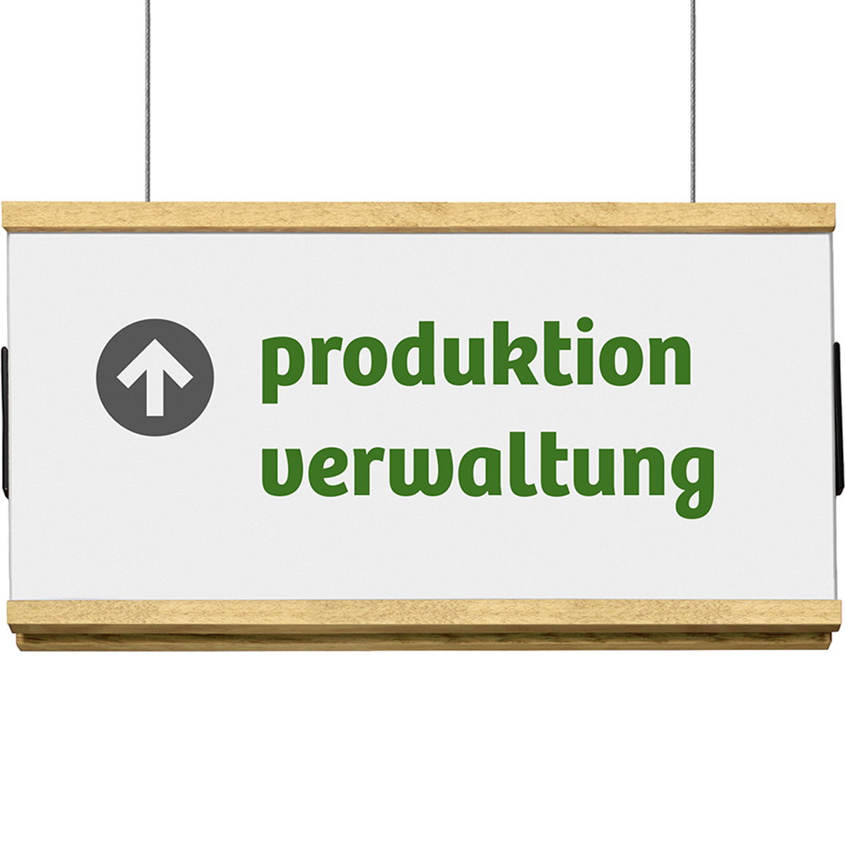 Deckenhänger (Hängeschild), Modell LMH, 160 x 297 mm (H x B), Rahmen oben und unten aus Ahorn, für Einleger