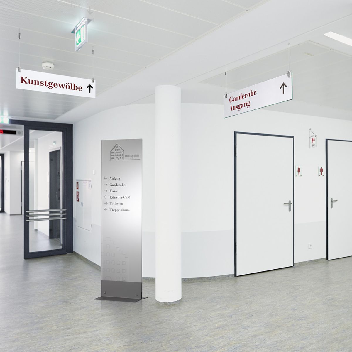 Deckenhänger (Hängeschild), Modell Galerie, 200 x 800 mm, eine Glasscheibe