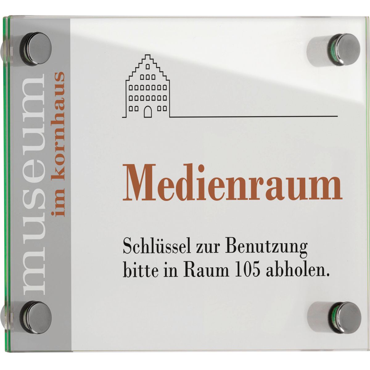 Türschild, Modell Galerie, ESG, DIN A5 (148 x 210 mm), 4 Abstandhalter (15 mm Wandabstand, mit Schraube)