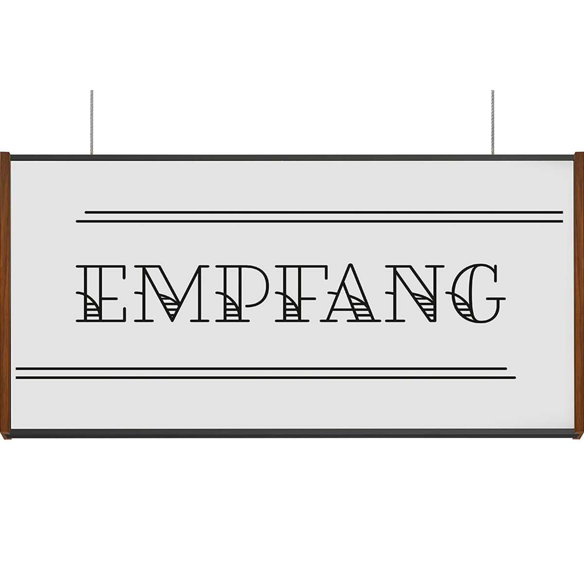 Deckenhänger (Hängeschild), Modell LMH, 150 x 309 mm (H x B), Rahmen Schwarz mit Nussbaum, für Einleger