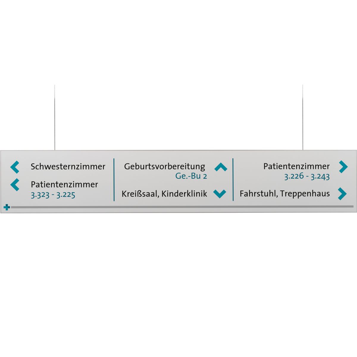 Deckenhänger (Hängeschild), Modell Madrid, 150 x 850 mm (H x B), Silber, Beschriftung direkt