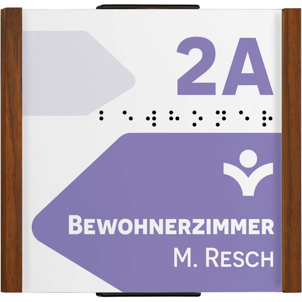 Taktiles Türschild, Modell LMH, 148 x 160 mm (H x B), Holzrahmen Nussbaum, Klebemontage, mit Kappen