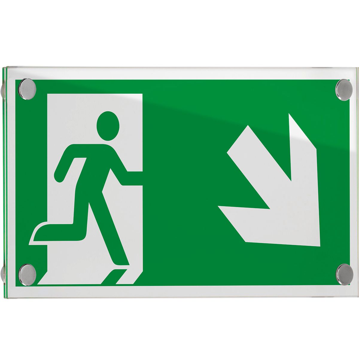 Wandschilder, Modell Galerie, ESG, 148 x 297 mm (H x B), 4 Abstandhalter (25 mm Wandabstand, mit Bolzen), optimiert für Rettungszeichen