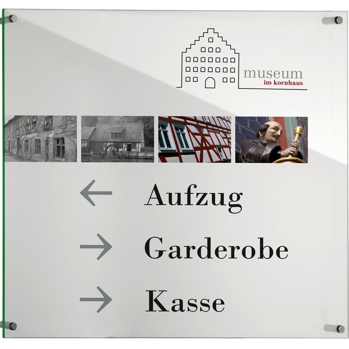 Wandschild, Modell Galerie, 1 Scheibe ESG, 1.000 x 1.000 mm, 4 Abstandhalter (25 mm Wandabstand, gesichert mittels Madenschraube)