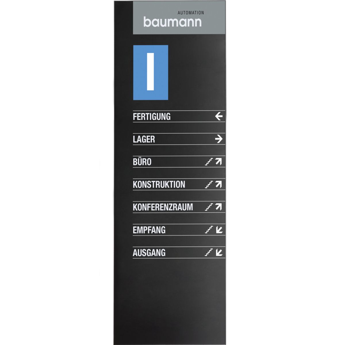Wandschild, Modell Madrid, 1.250 x 450 mm, Hochformat oder Querformat, Schwarz, Beschriftung direkt auf den Artikel