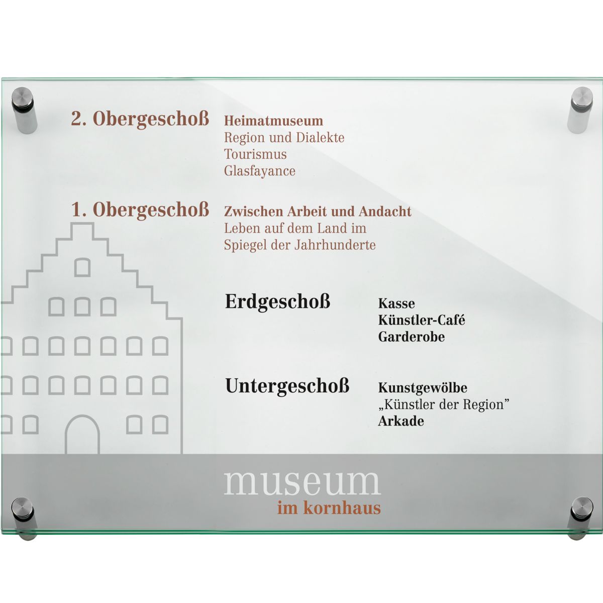 Wandschild, Modell Galerie, 2 Scheiben ESG, DIN A3 (297 x 420 mm), 4 Abstandhalter (25 mm Wandabstand, mit Bolzen)