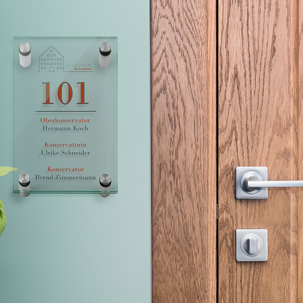 Türschild, Modell Galerie, ESG, 200 x 130 mm (H x B), 4 Abstandhalter (15 mm Wandabstand, mit Bolzen)