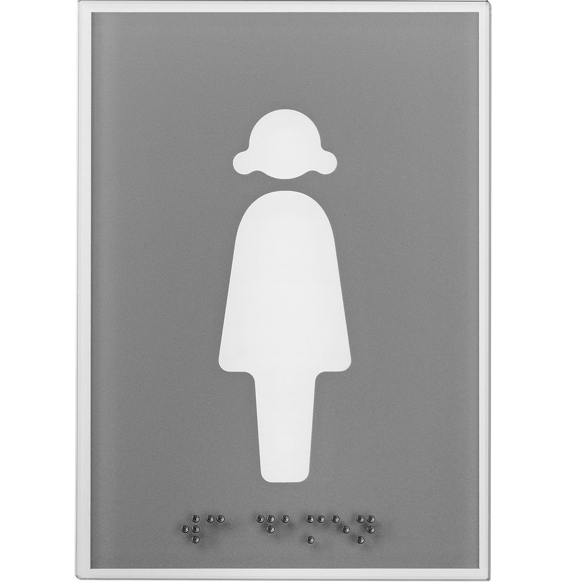 WC Schild Damen aus Glas mit hellgrauem Motiv, 148 x 105 mm (H x B), Klebemontage, mit tastbarer Braille Schrift WC Schild Damen aus Glas mit hellgrauem Motiv, 148 x 105 mm (H x B), Klebemontage, mit tastbarer Braille Schrift