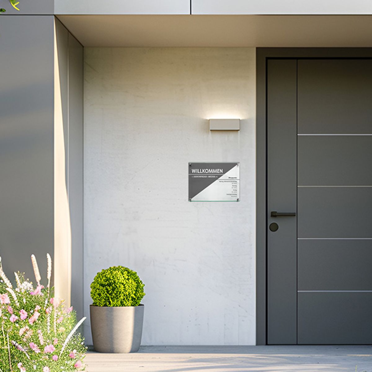 Wandschild, Modell Galerie, 2 Scheiben ESG, DIN A3 (297 x 420 mm), 4 Abstandhalter (25 mm Wandabstand, mit Bolzen)