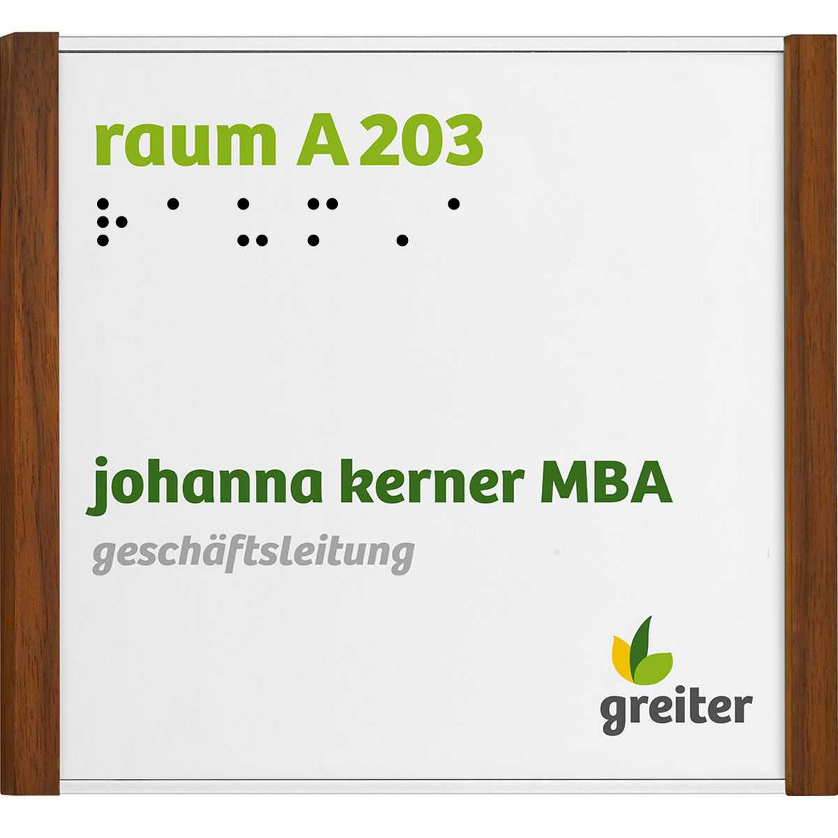 Taktiles Türschild, Modell LMH in Silber, 150 x 160 mm (H x B), Holzrahmen Nussbaum, Klebemontage