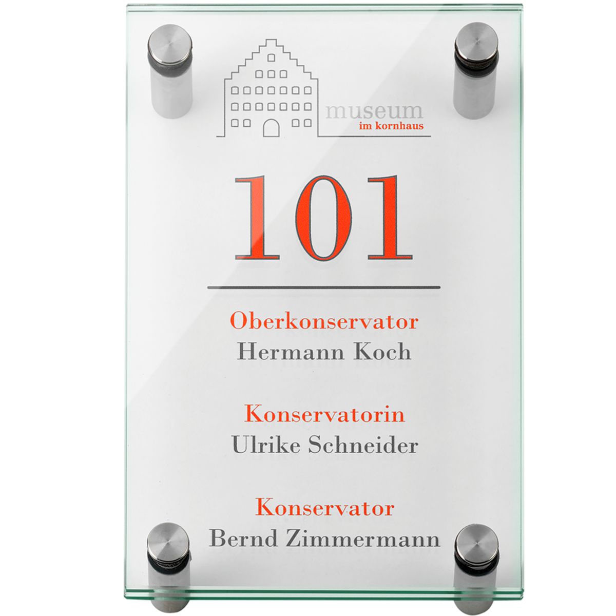 Türschild, Modell Galerie, ESG, 200 x 130 mm (H x B), 4 Abstandhalter (15 mm Wandabstand, mit Bolzen)