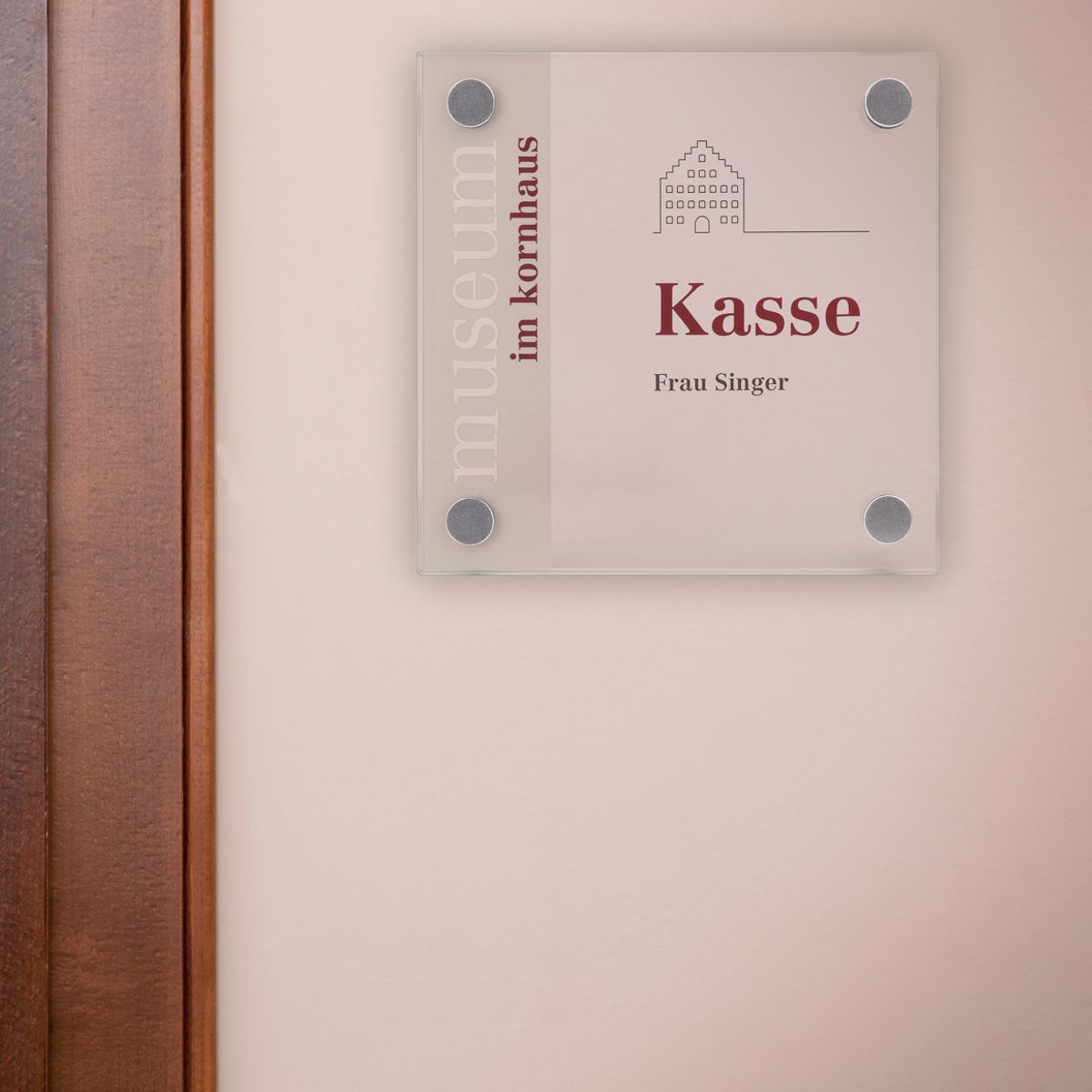 Türschild, Modell Galerie, ESG, 150 x 150 mm, 4 Abstandhalter (25 mm Wandabstand, mit Bolzen)