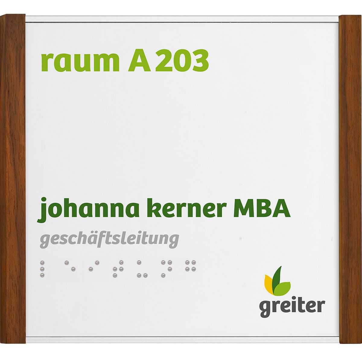 Taktiles Türschild, Modell LMH in Silber, 150 x 160 mm (H x B), Holzrahmen Nussbaum, Klebemontage, Braille mit hochwertiger Kugeltechnik