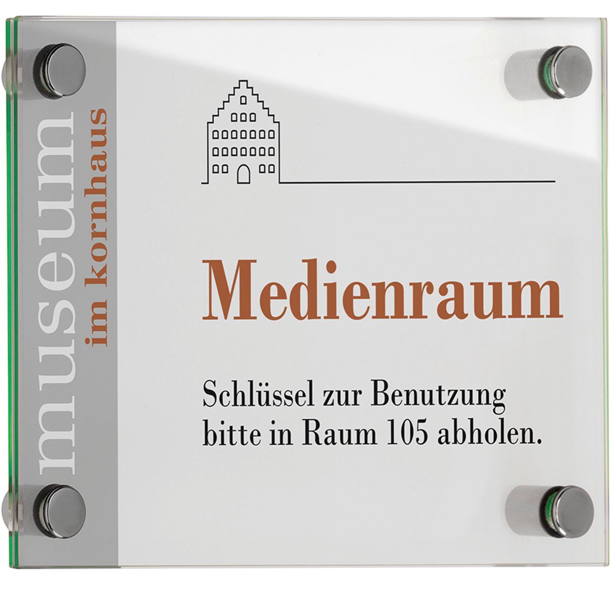 Türschild, Modell Galerie, ESG, DIN A5 (148 x 210 mm), 4 Abstandhalter (15 mm Wandabstand, mit Bolzen)