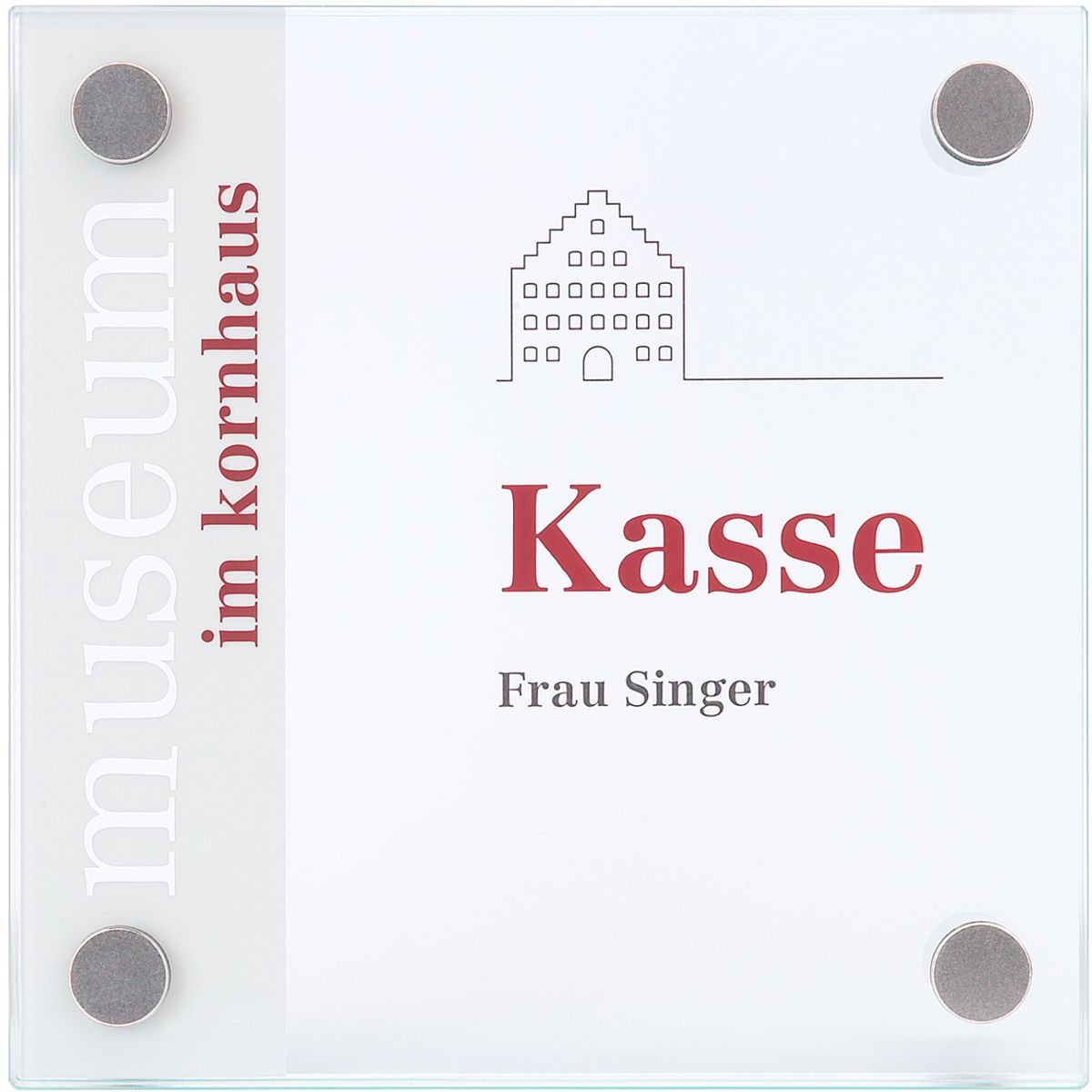 Türschild, Modell Galerie, ESG, 150 x 150 mm, 4 Abstandhalter (25 mm Wandabstand, mit Bolzen)