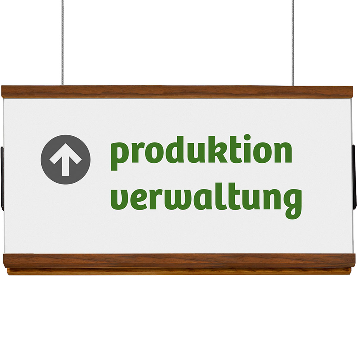 Deckenhänger (Hängeschild), Modell LMH, 160 x 297 mm (H x B), Rahmen oben und unten aus Nussbaum, für Einleger