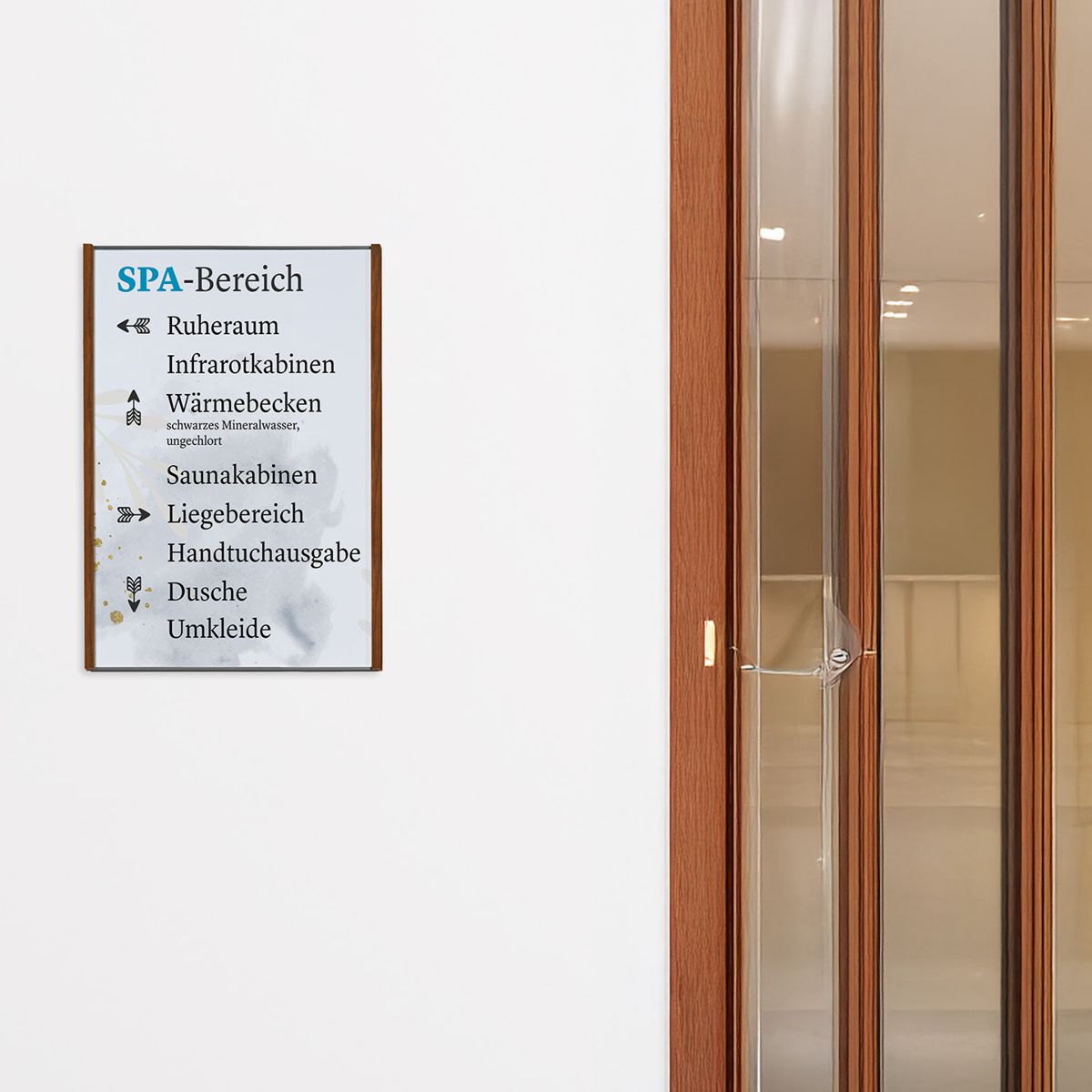 Wandschild, Modell LMH, ~ DIN A3, Hochformat, Holzrahmen Nussbaum kombiniert mit silbernem Aluminium