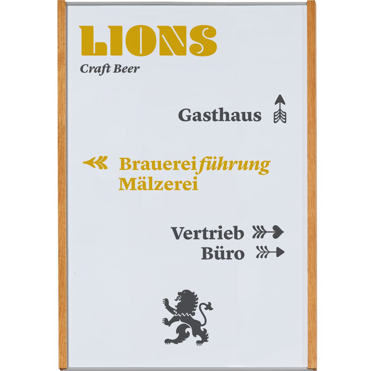 Wandschild, Modell LMH, ~ DIN A3, Hochformat, Holzrahmen Eiche kombiniert mit silbernem Aluminium
