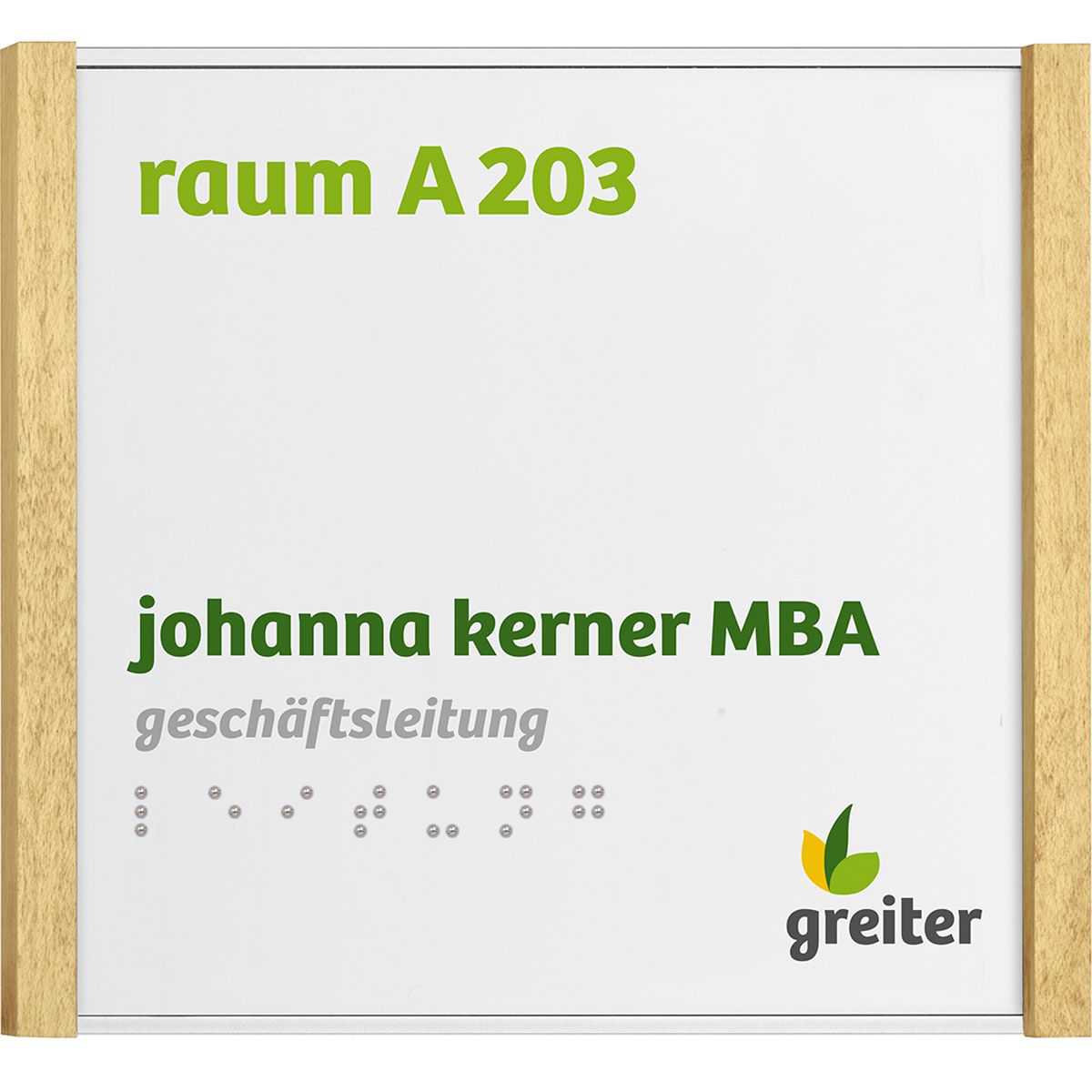 Taktiles Türschild, Modell LMH in Silber, 150 x 160 mm (H x B), drei Holzrahmen möglich, Klebemontage, Braille mit hochwertiger Kugeltechnik