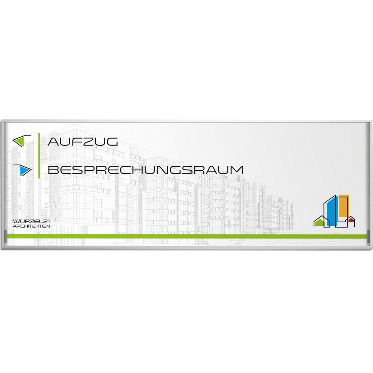 Wandschild, Modell Madrid, 150 x 596 mm (H x B), Querformat, Silber, Beschriftung mit Einleger
