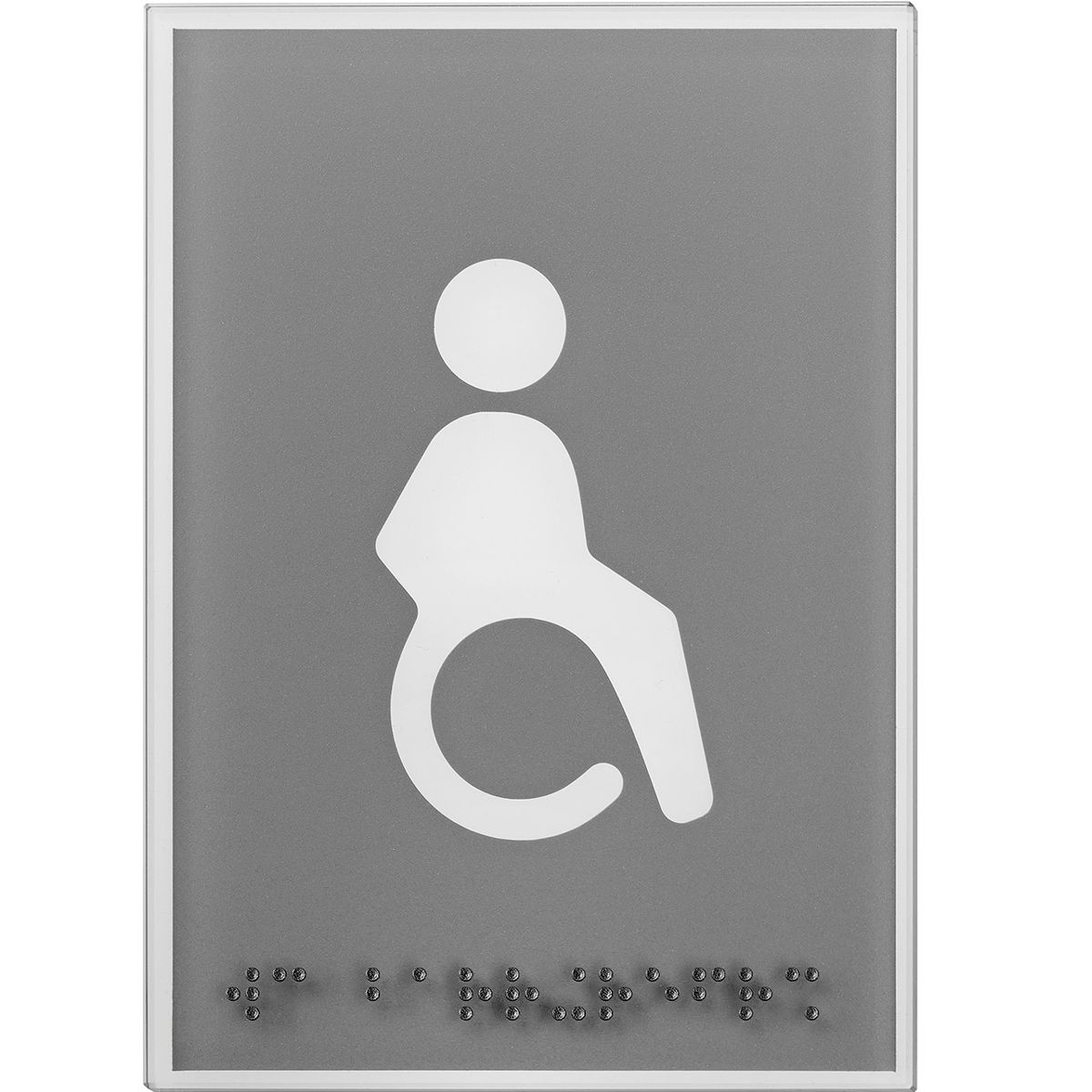 WC Schild Barrierefrei aus Glas mit hellgrauem Motiv, 148 x 105 mm (H x B), Klebemontage, mit tastbarer Braille Schrift