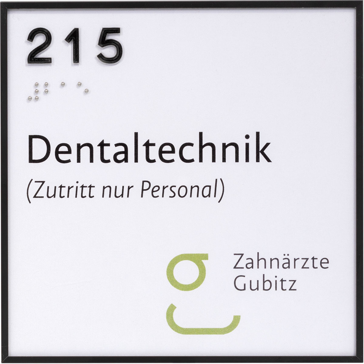Taktiles Türschild, Modell Madrid, 150 x 150 mm, Schwarz, Klebemontage, Braille mit hochwertiger Kugeltechnik