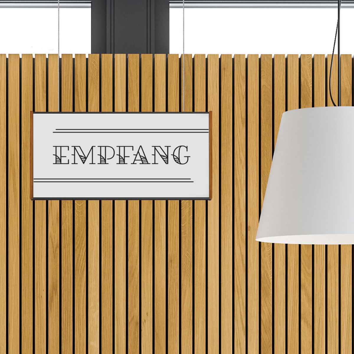 Deckenhänger (Hängeschild), Modell LMH, 150 x 309 mm (H x B), Rahmen Schwarz mit Eiche, für Einleger